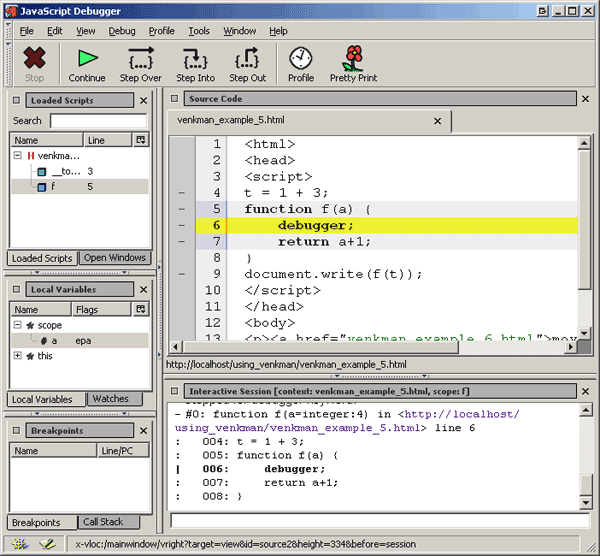 Venkman se para al encontrar la palabra clave debugger
